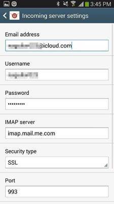 icloud vers Android - Paramètres du serveur entrant