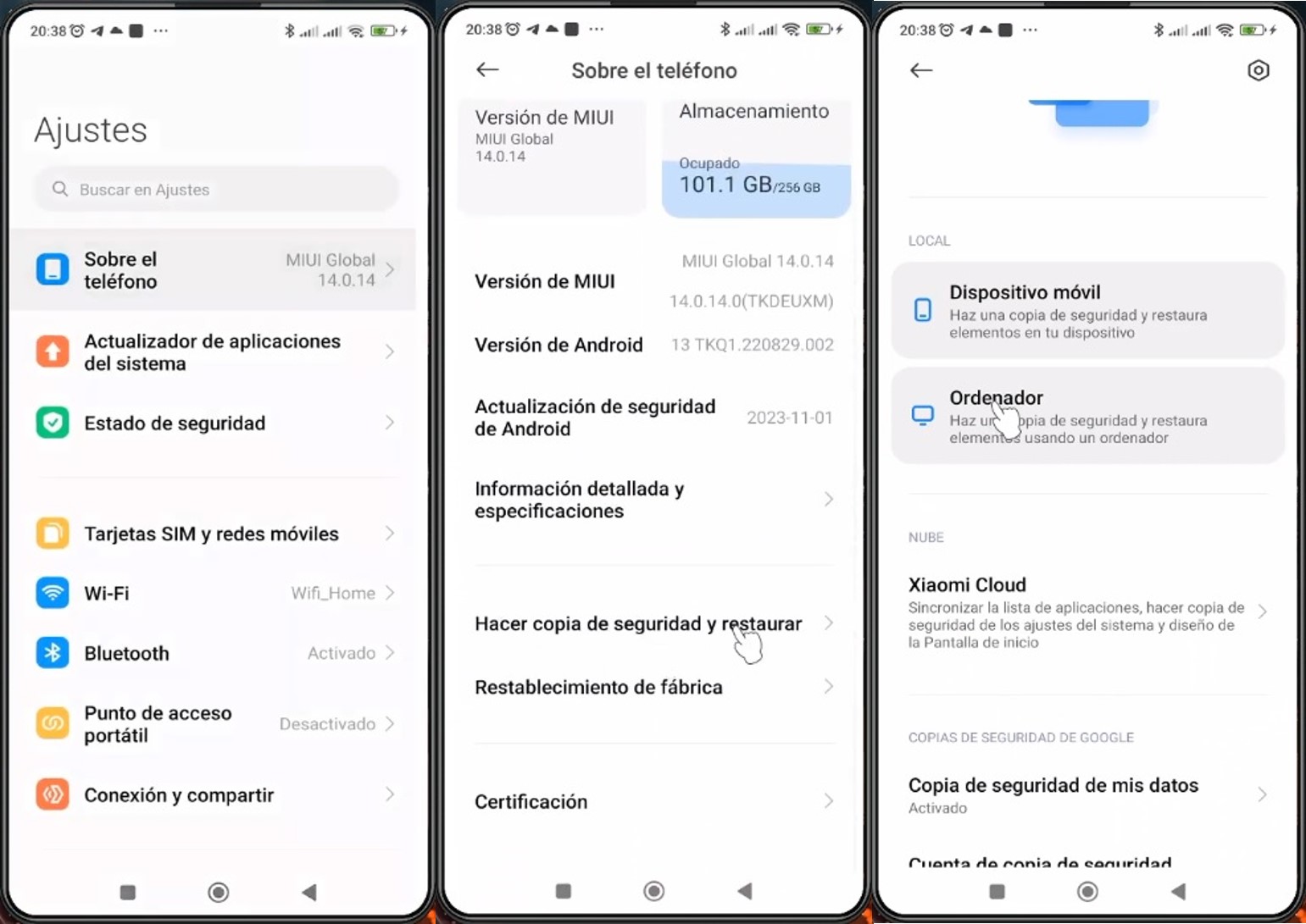 hacer copia seguridad xiaomi con la función ordenador