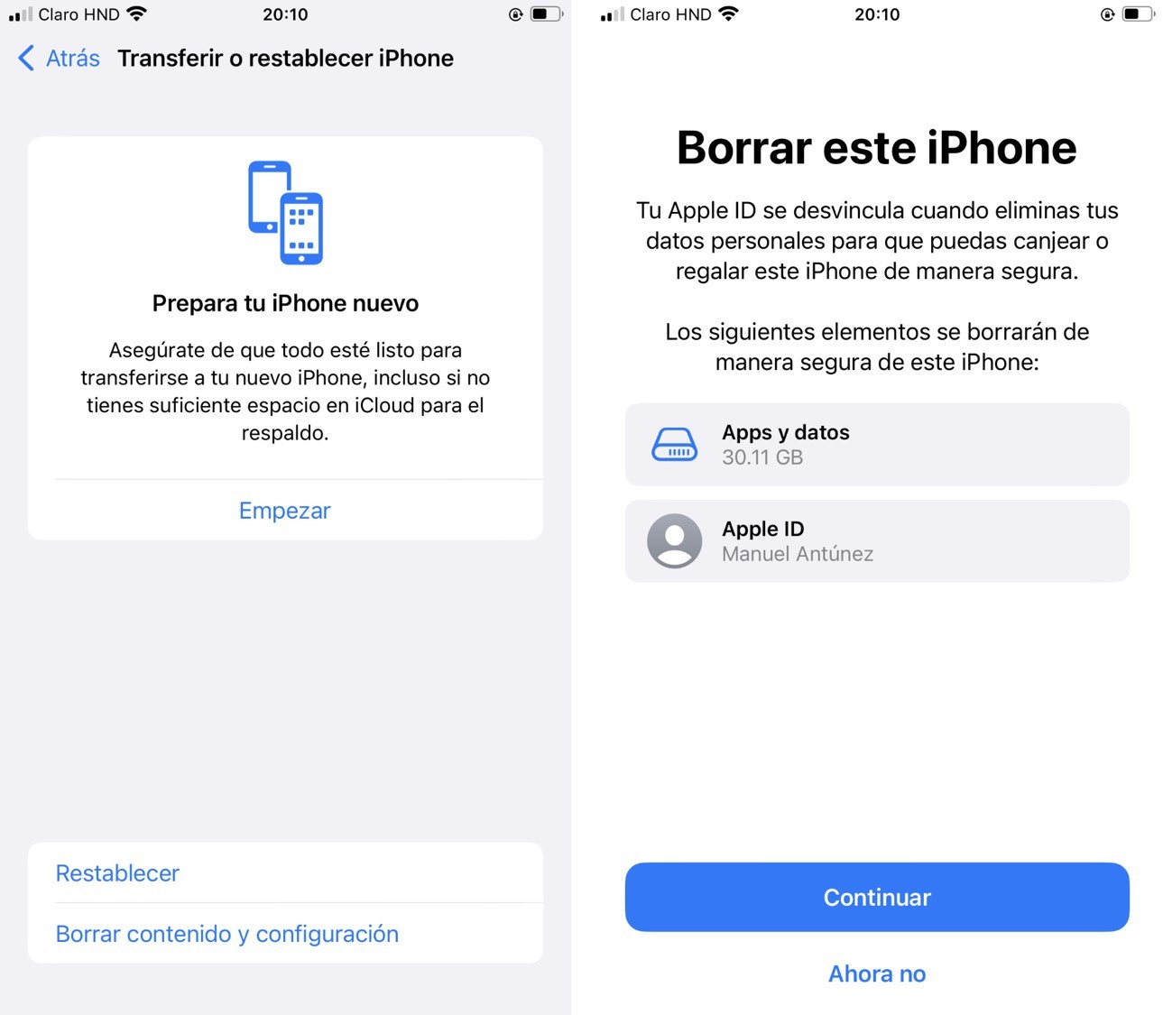 borrar contenido y configuración en iphone