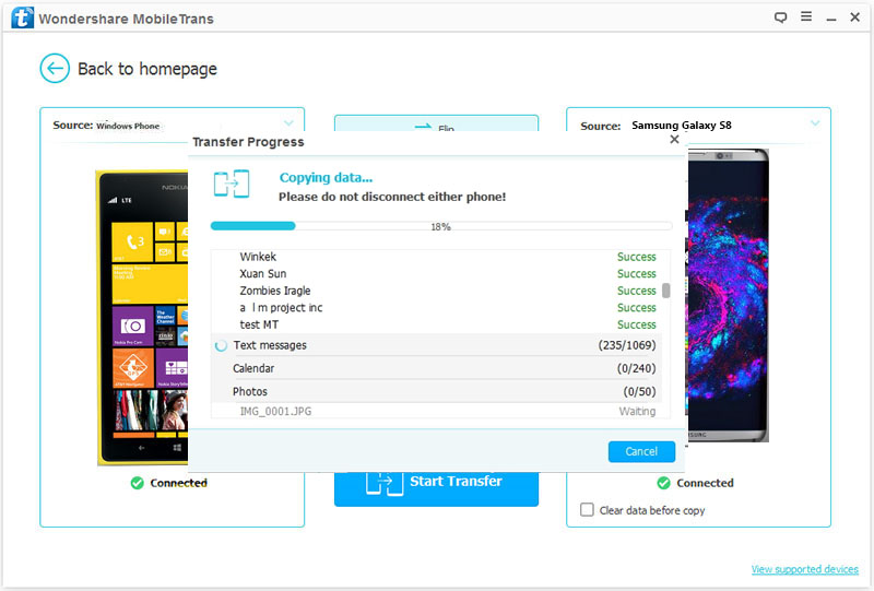 Como Transferir Datos de un Windows Phone a un Samsung S8-Transfiriendo.