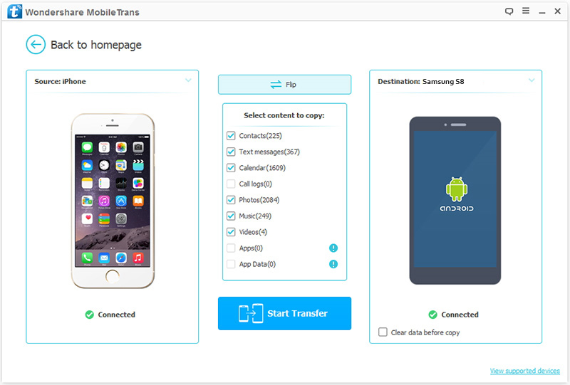 Transférer des messages depuis l'iPhone vers le Samsung S8-Lancer le Transfert