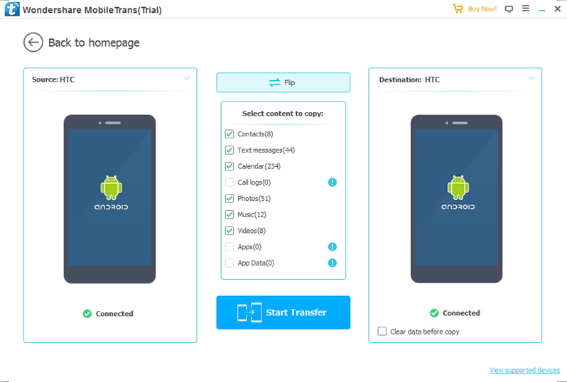 connectez les appareils pour transférer les données depuis HTC vers HTC