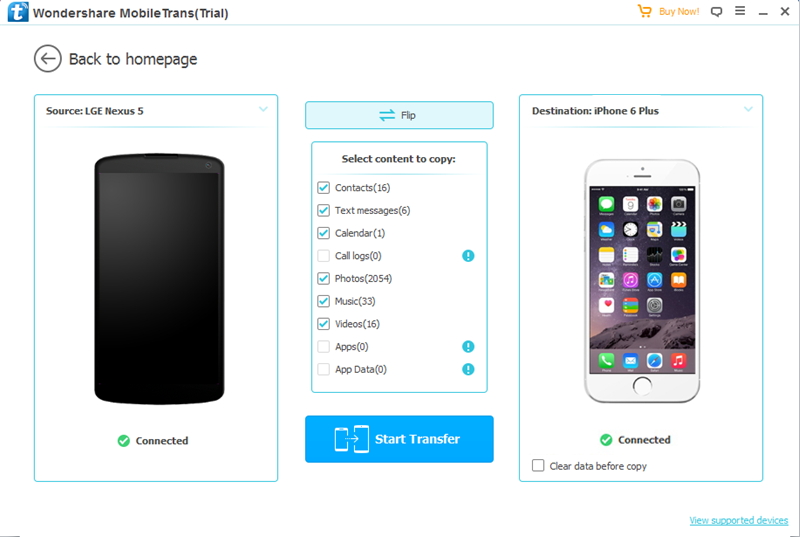 connect devices to transfer contacts from LG to iPhone