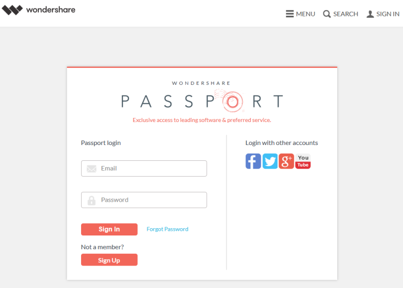 Wondershare passport Sign Up Sign In