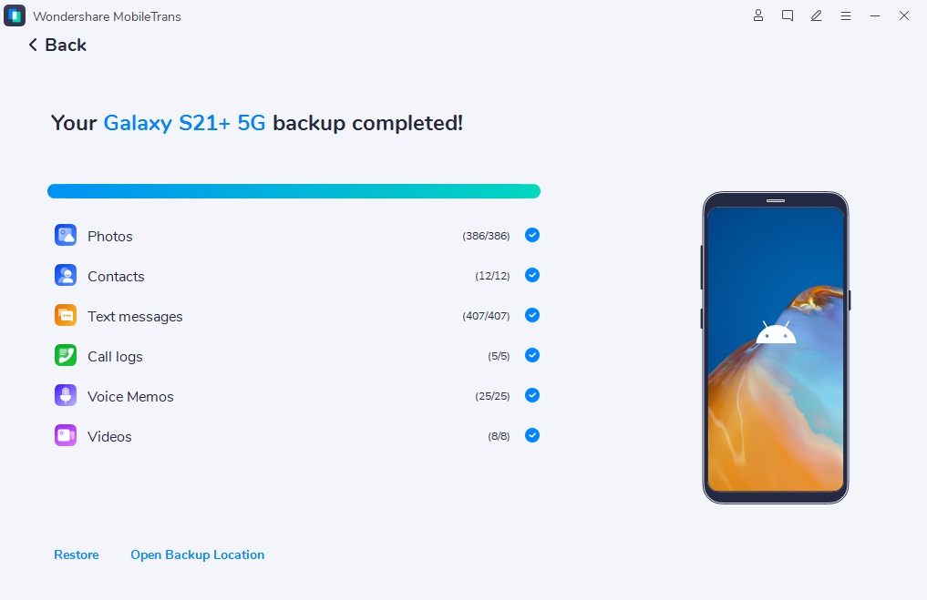 Backup Samsung S10 with mobiletrans completed