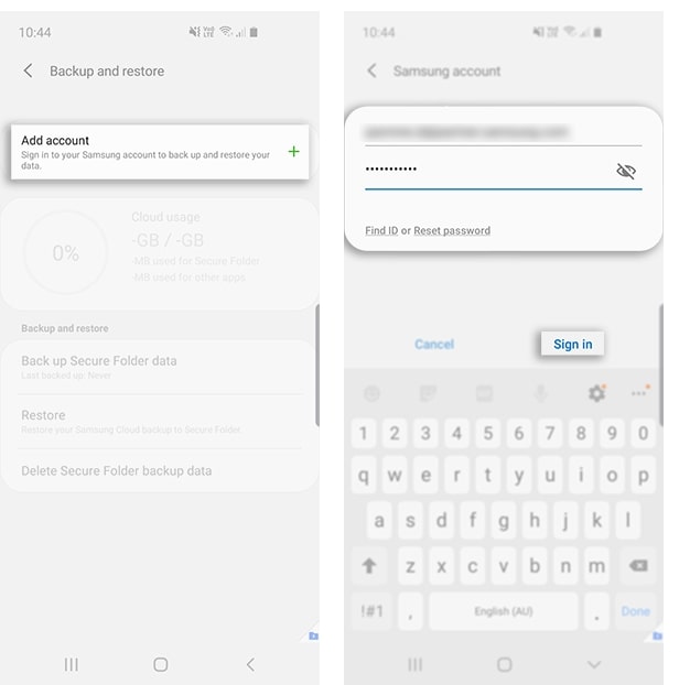 Schermata telefono Samsung che evidenzia l'opzione aggiungi account 