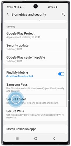 Screenshot des Samsung-Telefons, der die Option "Secure Folder" hervorhebt