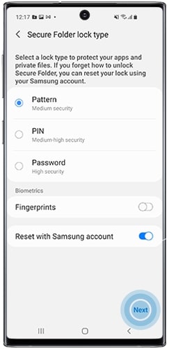 Screenshot des Samsung-Telefons mit Hervorhebung der Option zum Einrichten der Sperre für den Secure Folder 