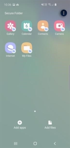 Captura de tela de telefone Samsung destacando o ícone de três pontos para abrir as Configurações da Secure Folder