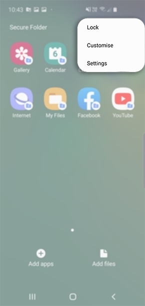 Captura de tela de telefone Samsung destacando opção de Configurações da Secure Folder