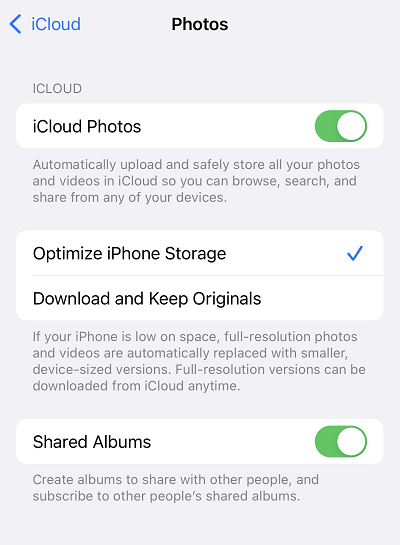 iCloud Photos settings