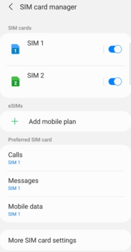 نافذة إعدادات بطاقة sim للهواتف المزدوجة من سامسونج