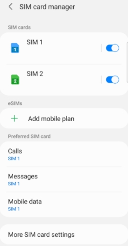 Finestra delle impostazioni della sim dei telefoni Samsung dual sim