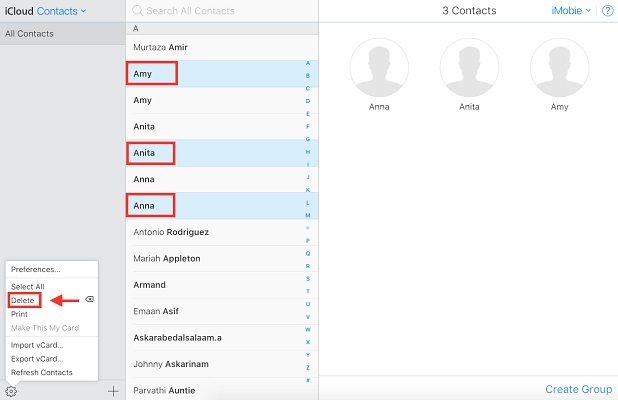 delete duplicate iCloud contacts