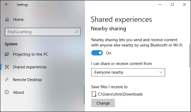 configurações de compartilhamento por proximidade no Windows