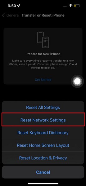 proceed with reset network settings