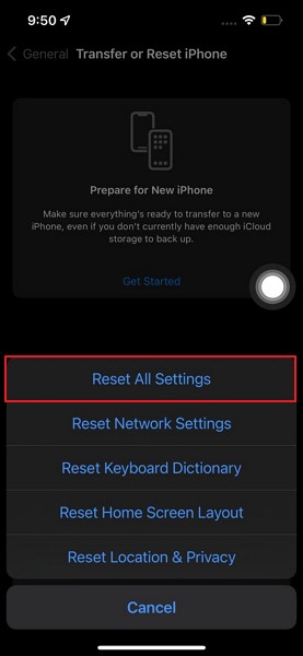 select reset all settings option