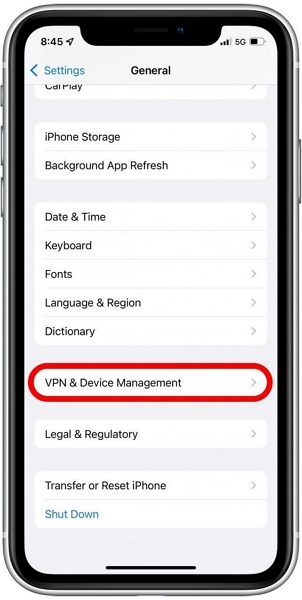 tap on vpn and device management option
