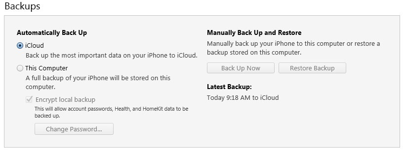 iTunes backup ora disattivato