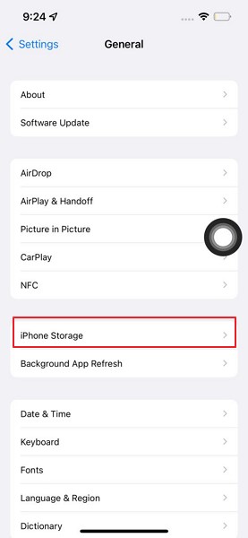 opção de armazenamento do iphone aberta
