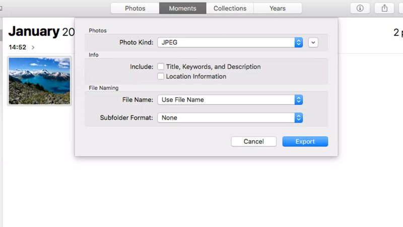 configurações de conversão e exportação das fotos no mac