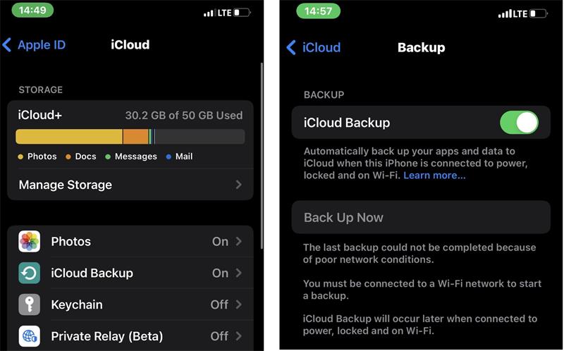 toque em backup no icloud