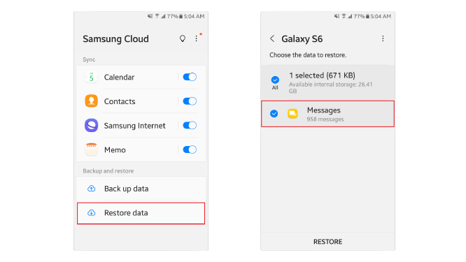  Restaurar mensajes desde Samsung Cloud.