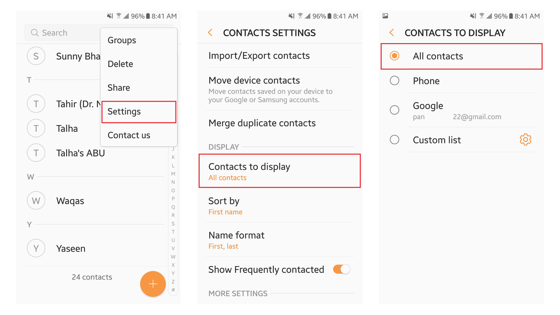 Alterando a configuração de exibição dos contatos.