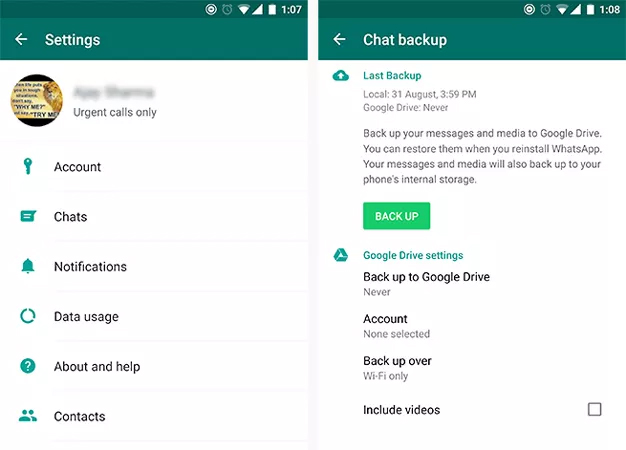 chat backup on google drive whatsapp