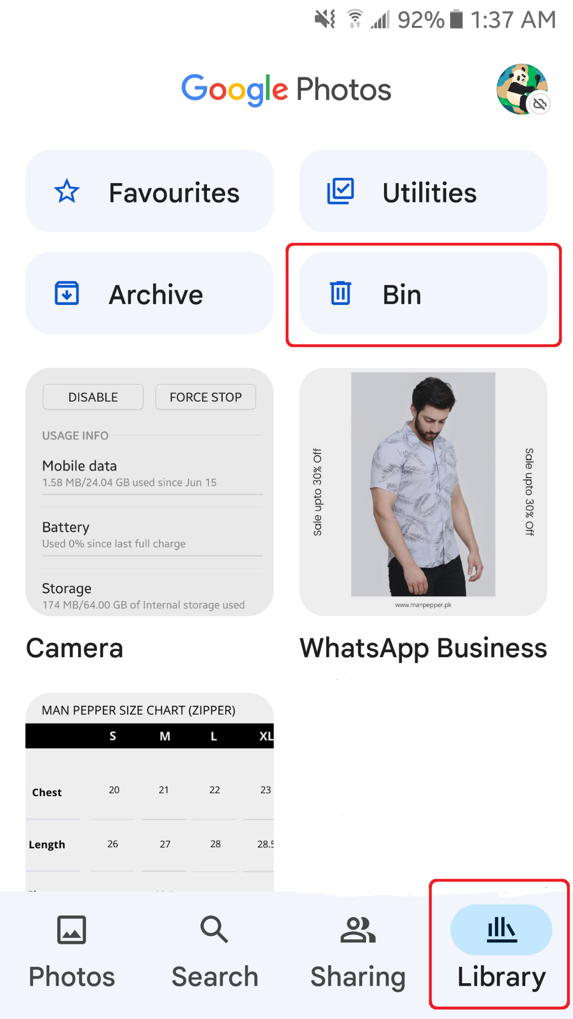 opening bin in google photos app