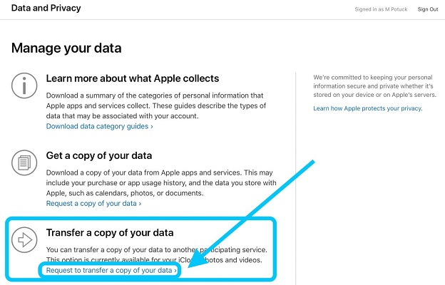 Cliccare su Richiesta di trasferimento di una copia dei dati.