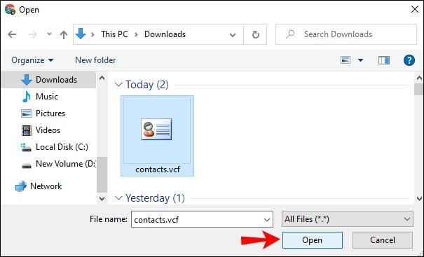 select the contacts vcard file