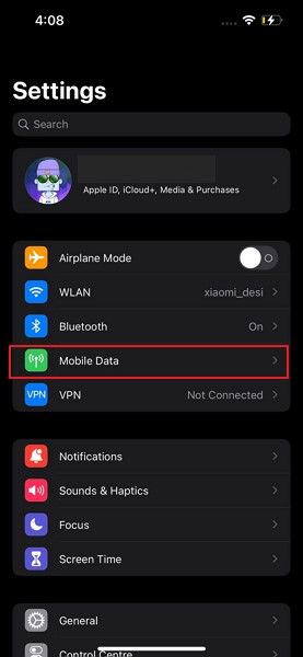 access mobile data option