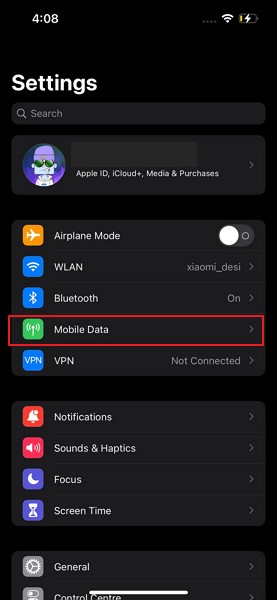 open mobile data settings