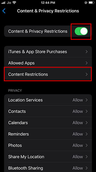 restrições de conteúdo iphone