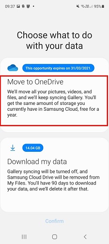 Mover para o OneDrive no Samsung Cloud
