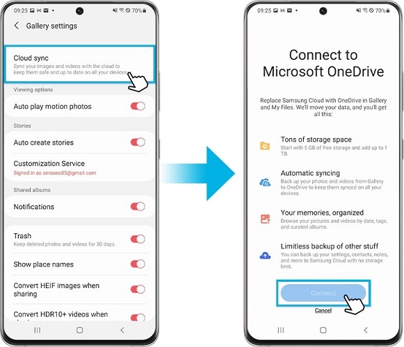 Galerie-Einstellungen für OneDrive Synchronisation