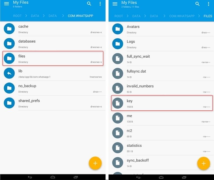 locate your whatsapp key file