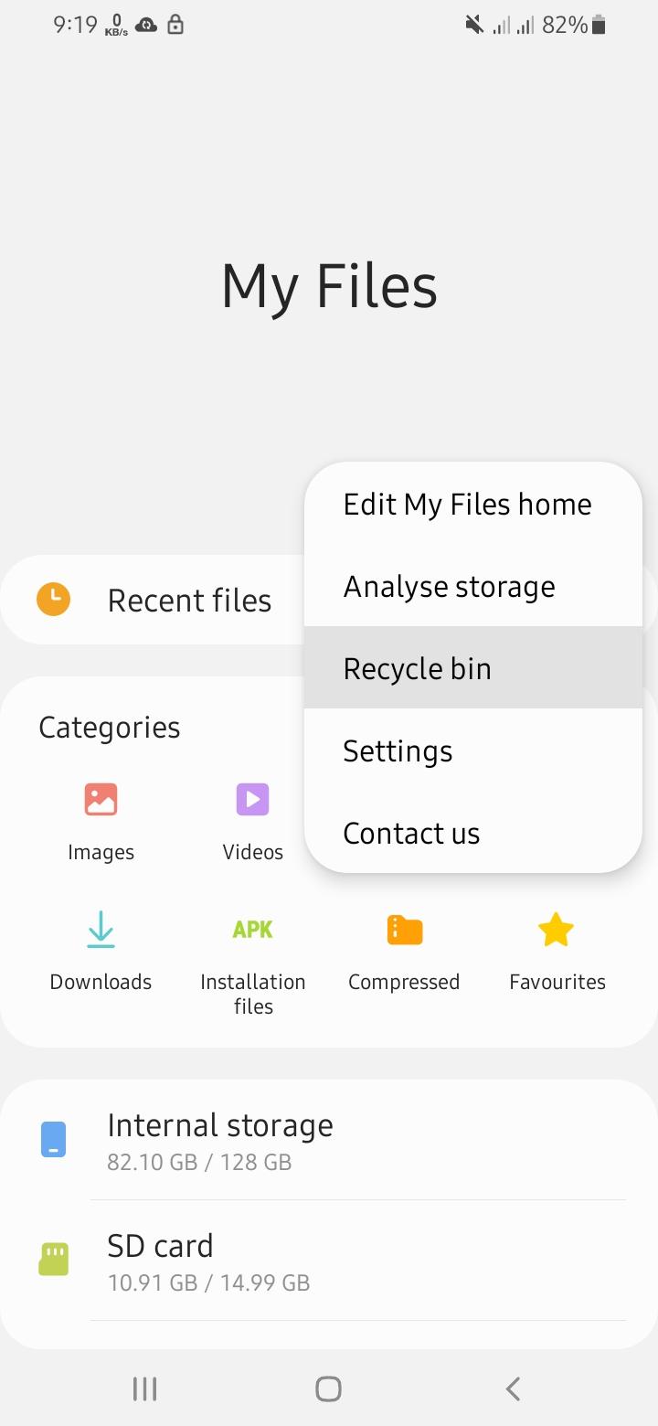 recycle bin in my files app