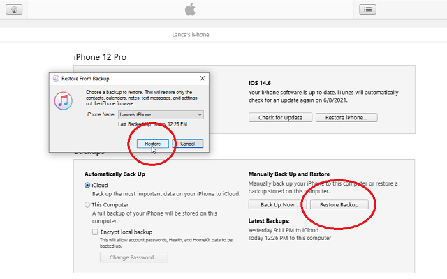 restore from backups from itunes