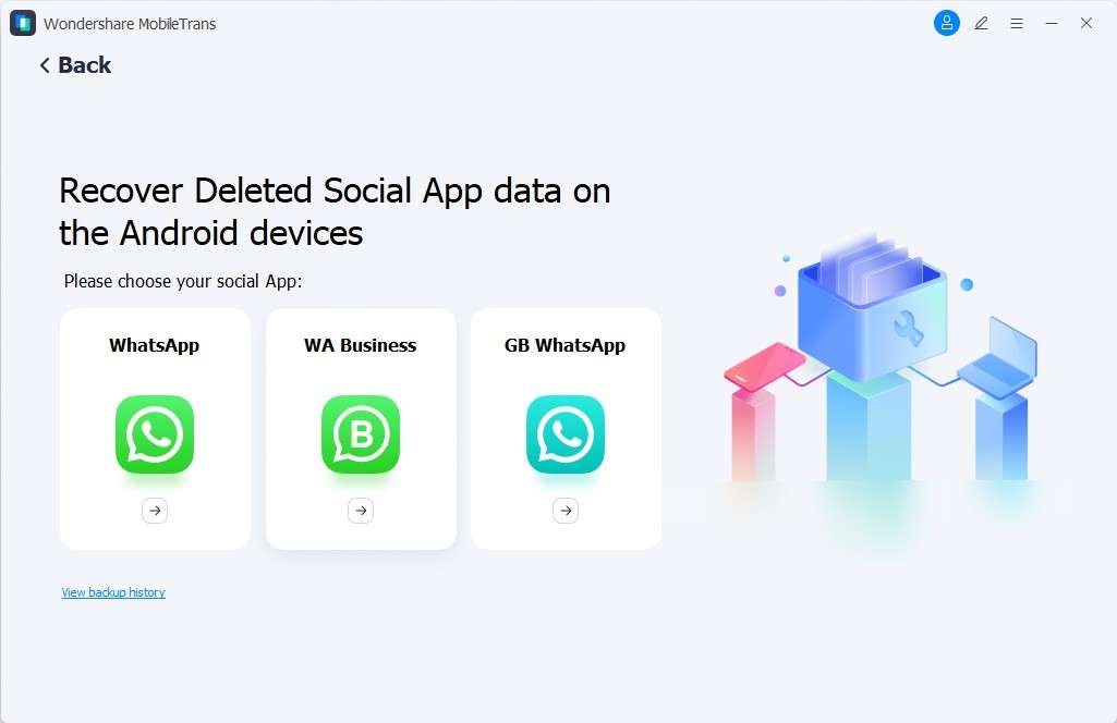 MobileTrans pantalla de restablecer datos eliminados de WhatsApp