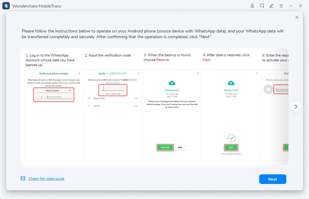 mobiletrans whatsapp login and restoring backup