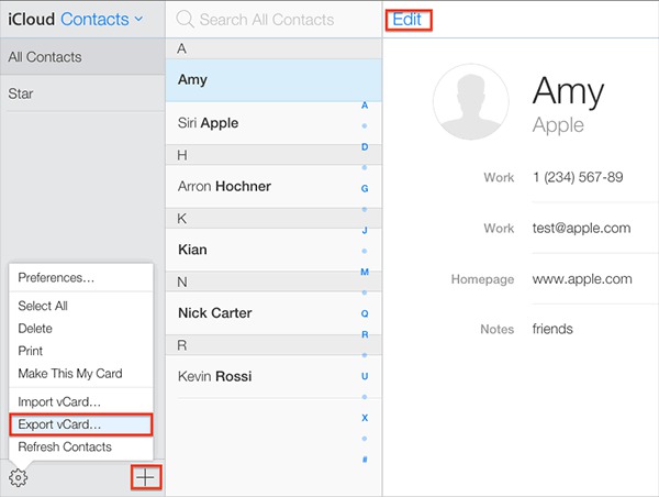 edit contacts on icloud