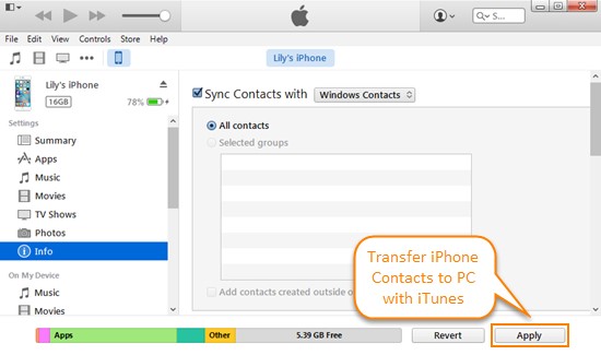 exportar contactos de iPhone a la computadora con Itunes