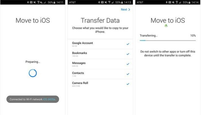 transferir datos con la aplicación move to ios