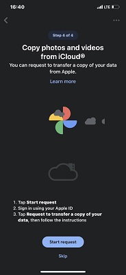 tap start request to sign in to icloud and transfer your data