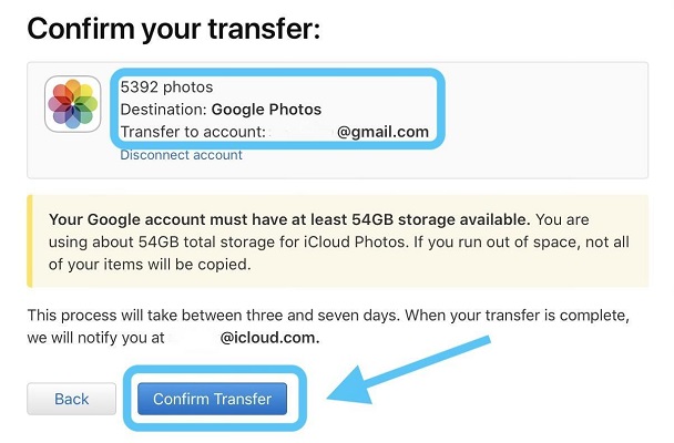 confirm transfer from icloud to google photos