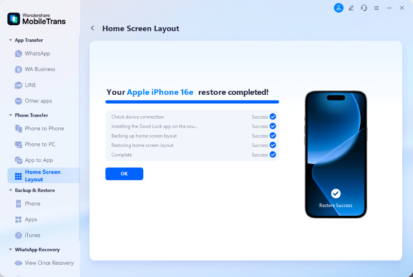 transfer complete home screen layout