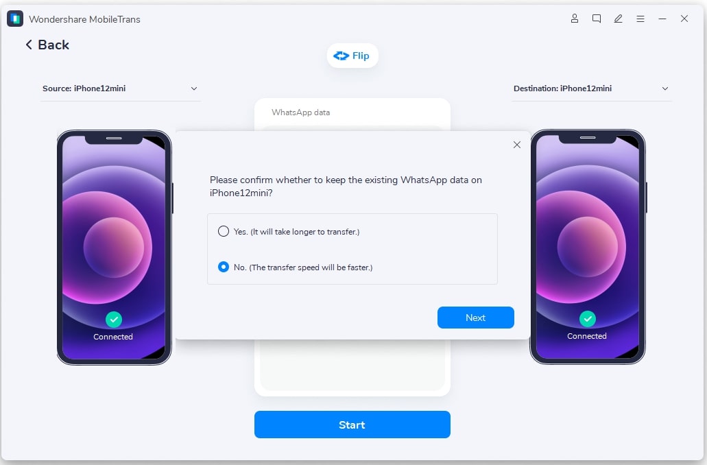 select start and confirm to start whatsapp data transfer