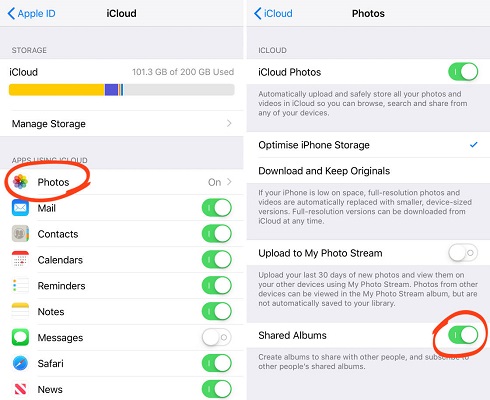 cargar videos de iphone a álbum compartido de icloud